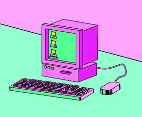 Old retro computer with CRT monitor and keyboard. Vaporwave vintage style aesthetics.