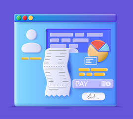 Aufkleber - 3d Invoice, invoice icon. Payment of utilities, bank, restaurant and other bills. Website banner offering help with invoicing. Electronic tax return 3d online. Vector illustration