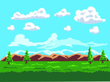 Pixel Art Game Location. Grass, Trees, Sky, Clouds Vector Illustration