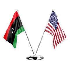 Two table flags isolated on white background 3d illustration, libya and usa