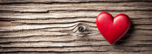 Single Red Wooden Heart On Rustic Table Background - Valentine's Day