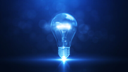 Fototapete - Creativity and new ideas. There is an electric bulb in the middle with bright white light. against a dark blue background.
