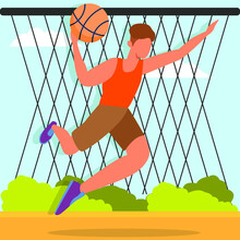 Male Was Playing Basket Ball And Practicing How To Shoot A Ball To Ring. Vector Colorful Illustration. Sport.