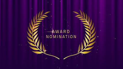 Purple award glitter background with golden laurel wreath. Award Nomination winner banner. Realistic silk abstract fabric texture.Purple curtain with gol''den leaves.