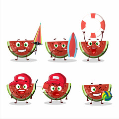 Canvas Print - Happy Face watermelon gummy candy cartoon character playing on a beach