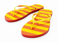 Yellow And Orange Striped Flip-flops Isolated On White Background. 3D Illustration