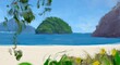 Ocean view. Wide brush painting. Hot summer. Tropical island. Digital art. Pacific atoll. 2d illustration. Blue water.