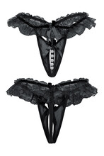 Detail Shot Of Black Sexy Panties With Lace Frills, Decorative Pearls And Silk Bows. The Erotic Lingerie With A Cutout In The Intimate Area Is Isolated On The White Background. Front And Back Views.