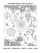 Hidden objects, or seek and find, picture puzzle and coloring page activity sheet with christmas tree ornaments and cute cheerful snowman
