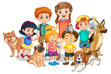 Wall Mural - Kids with their dogs on white background