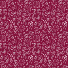 Vector red and white line grapes and leafs seamless pattern print background.