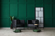 Interior of modern living room with black armchairs and green wall