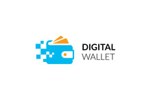 Digital Wallet Logo Design Template With Pixel Effect. Logo Concept Of Credit Card, Crypto Wallet, Fast Online Payment.