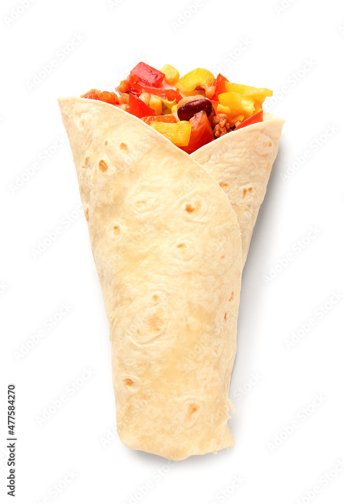 Tasty Mexican burrito with vegetables on white background