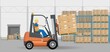Moving pallets with boxes in the warehouse by means of a hydraulic forklift truck. Storage, sorting and delivery. Storage equipment. Vector illustration.
