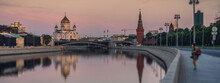 Dawn Over Moscow And The River, Beautiful City Landscape. View Of The Cathedral Of Christ The Savior, Banner Format