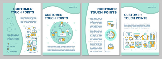 Customer touch points mint brochure template. Client service. Booklet print design with linear icons. Vector layouts for presentation, annual reports, ads. Arial-Black, Myriad Pro-Regular fonts used
