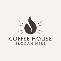 Wall Mural - Vintage hot coffee drop logo. Coffee emblem. Coffee drop, like coffee bean with sunrays. Hipster flat logo.