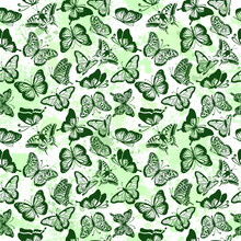 Seamless Background Of Green Butterflies. Vector Illustration