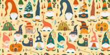 Garden Gnomes Family. Fairytale Characters. Seamless Pattern Background