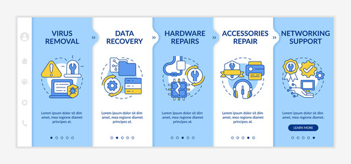 Wall Mural - types of repairs blue and white onboarding template. computer fixing. responsive mobile website with
