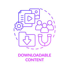 Downloadable purple gradient content concept icon. Leads generating. Marketing abstract idea thin line illustration. Isolated outline drawing. Roboto-Medium, Myriad Pro-Bold fonts used