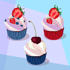 Three cupcakes. One with cherries and two with strawberries. 