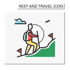 Wall Mural - Trekking color icon. Adventure tourism. Mountain tourism. Backpacking. Long-distance walking trip with camping stops. Mount climbing.Tourism types concept. Isolated vector illustration