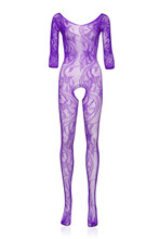 Subject Shot Of A Violet Tight Short Sleeve Bodysuit With A Floral Design And An Open Crotch. The Erotic Mesh Lingerie Is Isolated On The White Background. Front View.