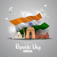 Wall Mural - Happy republic day India 26th January. Indian monument and Landmark with background , poster, card, banner. vector illustration design