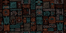 Ethnic Mexican Decor. Handmade Seamless Pattern For Your Design. Tribal Tattos Elements