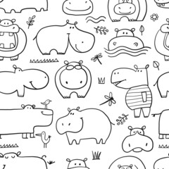Poster - Hippopotamus family, cute hippo characters. Seamless Pattern Background for your design