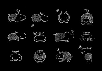 Poster - Hippopotamus collection, cute hippo character for your design
