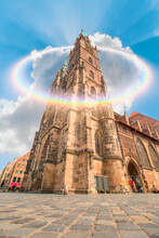 St. Lorenz Church With Rainb Ow -  Nuremberg, Germany. Twin Tower Cathedral.