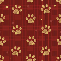 plaid winter time seamless red pattern with doodle paw prints