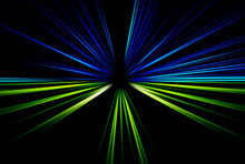 Abstract Surface Of Blur Radial Zoom In Green And Blue Tones On A Black Background. Bright Green Blue Background With Radial, Diverging, Converging Lines. Bicolor Background