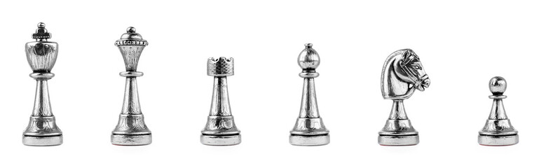 Poster - Set with silver chess pieces on white background. Banner design