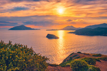 Aegean Sea With Islands View On Sunset
