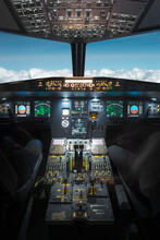 Inside A Big Jet Flying Plane Cockpit,flying Above Clouds