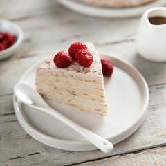 Canvas Print - Homemade crepes cake with raspberry cream