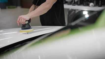 Wall Mural - Worker with orbital polisher in auto repair shop closeup. Professional car polishing.