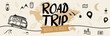 Road trip around the world - illustrations and pictrograms banner
