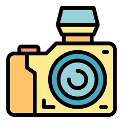 Sticker - Reportage photo camera icon. Outline reportage photo camera vector icon color flat isolated