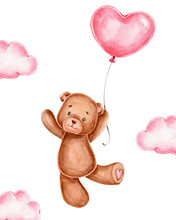 Teddy Bear And Red Heart Balloon; Watercolor Hand Drawn Illustration; With White Isolated Background