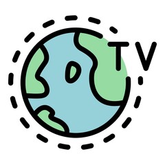 Sticker - Global tv reportage icon. Outline global tv reportage vector icon color flat isolated