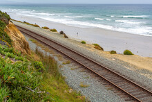A View Of San Diego Beach With Rail Track Along The Pacific Ocean, Southern California