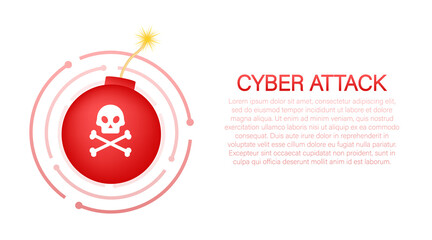 Poster - Flat illustration. Shield icon. Abstract icon with red cyber attack. Bomb logo on white background. Phishing scam.