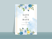 Wedding Invitation Card With Beautiful Blue And Yellow Flowers