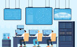 © PCH.Vector - Surveillance and control of scientists over launch of spaceship. Space flight command from space center with working team of people at computer monitors flat vector illustration. Space station concept