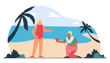 Indian Man On One Knee Offering Red Heart To Blond Woman In Swimsuit On Seashore. Vacation Romance Flat Vector Illustration. Love, Relationship Concept For Banner, Website Design Or Landing Web Page